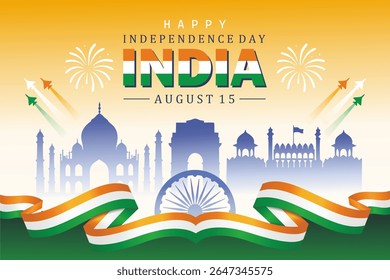 Feliz Dia da Independência Índia ilustração vetorial. 15 de agosto fundo com marcos silhueta incluindo fogos de artifício e Ashoka Chakra. Modelo de cartaz de celebração nacional.