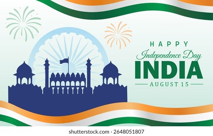 Feliz Dia da Independência Índia ilustração vetorial. 15 de agosto fundo com fogos de artifício e Ashoka Chakra. Modelo de cartaz de celebração nacional.