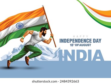 Happy Independence Day Indien.15. August Hintergrund. Indischer Mann läuft mit Fahne. Abstrakte Vektorillustration Design