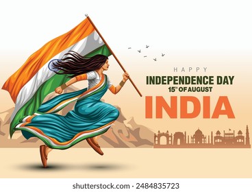 happy independence day India.15th August background. Indian woman running with flag. abstract  vector illustration design