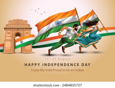 happy independence day India.15th August background. Indian woman and man running with flag. abstract  vector illustration design