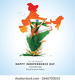 dia da independência feliz Índia.15 agosto fundo. Mulher indiana segurando com bandeira. vetor abstrato ilustração design