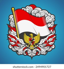 Happy Independence Day Indonesien 17. August. Indonesische Festliche Musik Pancasila Day Illustration. Vektorgrafik Garuda umklammert indonesische Fahne