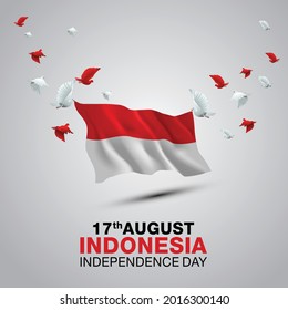 happy independence day Indonesia. 3d flag with flying pigeon. vector illustration design
