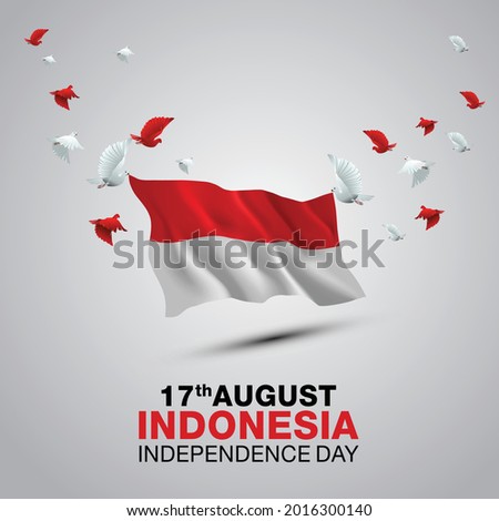 happy independence day Indonesia. 3d flag with flying pigeon. vector illustration design