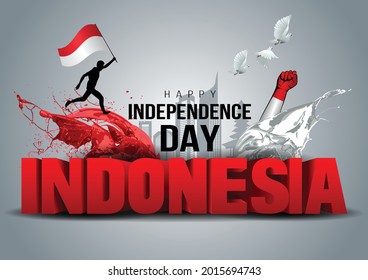 feliz día de la independencia Indonesia. ilustración vectorial de la bandera indonesia y letra 3d. afiche, banner, diseño de plantilla