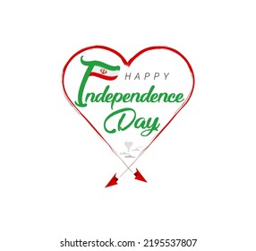 happy independence day of Iran. Airplane draws cloud from heart. National flag vector illustration on white background.