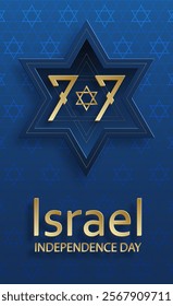 Happy Independence day of Israel card with gold paper cut style on blue color background for festive 77 years national’s anniversary of Israel (translation : Happy Independence day of Israel)