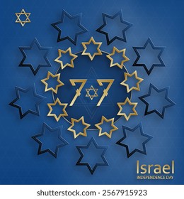 Happy Independence day of Israel card with gold paper cut style on blue color background for festive 77 years national’s anniversary of Israel (translation : Happy Independence day of Israel)