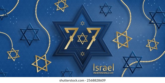 Happy Independence day of Israel card with gold paper cut style on blue color background for festive 77 years national’s anniversary of Israel (translation : Happy Independence day of Israel)