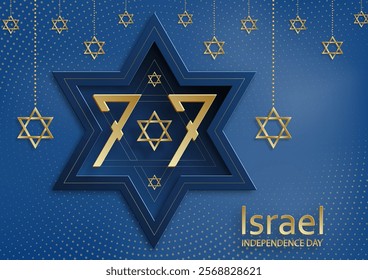 Happy Independence day of Israel card with gold paper cut style on blue color background for festive 77 years national’s anniversary of Israel (translation : Happy Independence day of Israel)