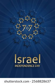 Happy Independence day of Israel card with gold paper cut style on blue color background for festive 77 years national’s anniversary of Israel (translation : Happy Independence day of Israel)