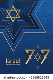 Happy Independence day of Israel card with gold paper cut style on blue color background for festive 77 years national’s anniversary of Israel (translation : Happy Independence day of Israel)