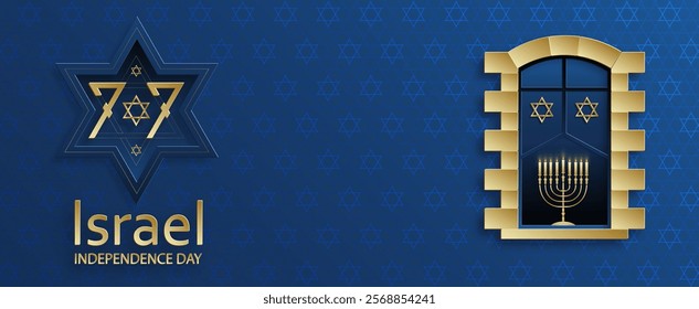Happy Independence day of Israel card with gold paper cut style on blue color background for festive 77 years national’s anniversary of Israel (translation : Happy Independence day of Israel)