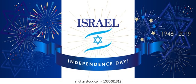 Happy Independence day Israel festive background with fireworks and Israeli blue star abstract banner template card. 2023 music euro song festival, Tel Aviv night party eurovision song contest sign 48