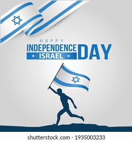 happy independence day israel. man running with israel flag. vector illustration