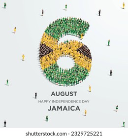 Happy Independence Day Jamaica. A large group of people form to create the number 6 as Jamaica celebrates its Independence Day on the 6th of August. Vector illustration.