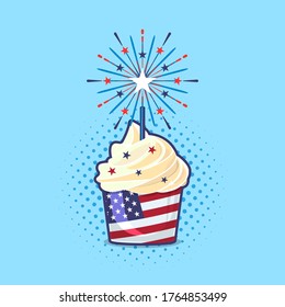 Happy Independence Day July 4th. Fourth of July. Cupcake with American Flag and Fireworks vector illustration.