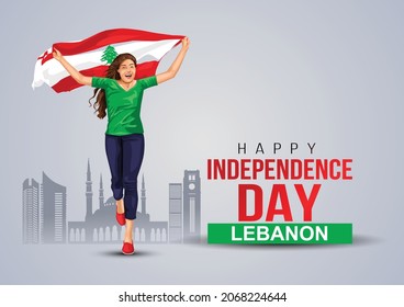 Happy Independence day Lebanon Vector Template Design Illustration. a girl running with fag