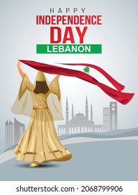 Happy Independence day Lebanon Vector Template Design Illustration. a girl with Lebanon fag