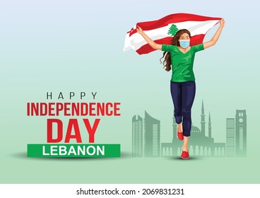 Happy Independence Day Lebanon Vector Template Design Illustration. A Girl Running With Fag. Covid 19 Corona Virus Concept