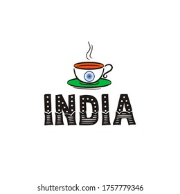 Happy Independence Day. Lettering for Indian Independence Day. Cup of tea. Logo by August 15th in national colors of India. Vector illustration for poster design in doodle style.