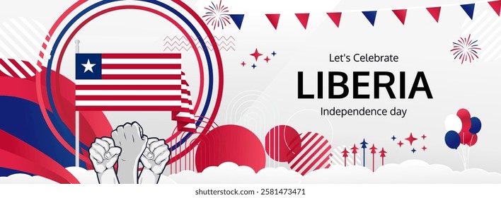 Happy independence day Liberia. Long poster national day Liberia in flag colors. Holiday banner illustration for July 26 celebration invitation party, greeting card and sale