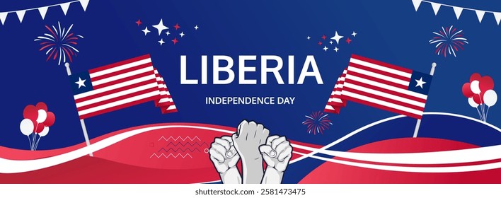 Happy independence day Liberia. Long poster national day Liberia in flag colors. Holiday banner illustration for July 26 celebration invitation party, greeting card and sale