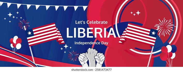 Happy independence day Liberia. Long poster national day Liberia in flag colors. Holiday banner illustration for July 26 celebration invitation party, greeting card and sale