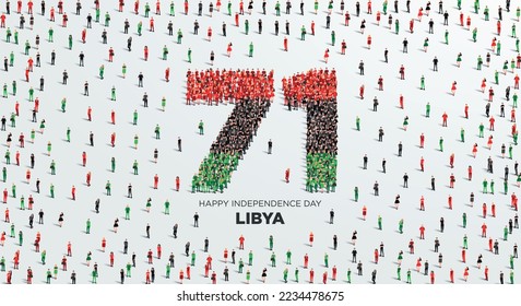 Feliz Día de la Independencia Diseño de Libia. Un gran grupo de personas se forman para crear el número 71 mientras Libia celebra su 71° Día de la Independencia el 24 de diciembre.