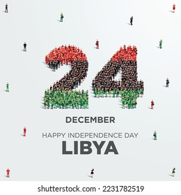 Happy Independence Day Libya. A large group of people form to create number 24 as Libya celebrates it’s Independence Day on the 24th December. Vector illustration.