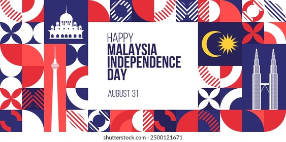 Happy Independence Day Malaysia Banner. 31. August Malaysischer Unabhängigkeitstag oder Merdeka Tag Grußkartendesign. Modernes Muster, Postervorlage. Vektorgrafik.