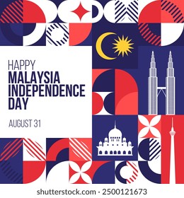 Happy Independence Day Malaysia Banner. August 31 Malaysian independence day or Merdeka day greeting card design. Modern pattern, poster template. Vector Illustration.