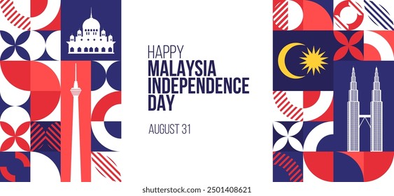 Happy Independence Day Malaysia Banner. August 31 Malaysian independence day or Merdeka day greeting card design. Modern pattern, poster template. Vector Illustration.