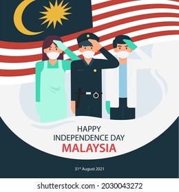 Happy Independence Day Malaysia On 31st August 2021 With Frontliners Giving Respect Sign 