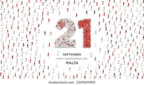 Happy Independence Day Malta. A large group of people form to create the number 21 as Malta celebrates its Independence Day on the 21st of September. Vector illustration.