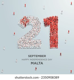 Happy Independence Day Malta. A large group of people form to create the number 21 as Malta celebrates its Independence Day on the 21st of September. Vector illustration.