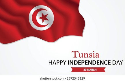 Happy Independence Day, March 20th, Tunisia. Celebrating Tunisia's Freedom, National Pride, and Heritage. Waving Tunisian flag and lettering text design. Vector illustration