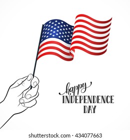 Happy Independence Day. Men's hand holding USA flag with text on white background. USA Independence Day flayer.