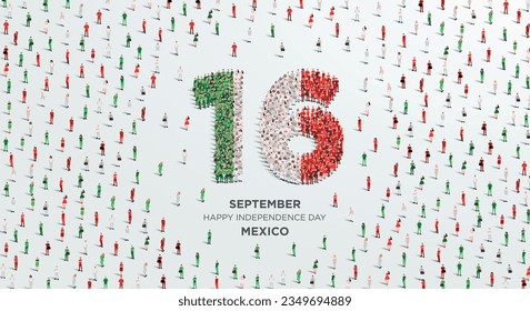 Happy Independence Day Mexico. A large group of people form to create the number 16 as Mexico celebrates its Independence Day on the 16th of September. Vector illustration.