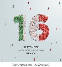 Happy Independence Day Mexico. A large group of people form to create the number 16 as Mexico celebrates its Independence Day on the 16th of September. Vector illustration.