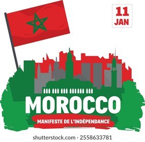 Happy Independence Day of Morocco Greeting Card with charming calligraphy added to the flag of Morocco. Manifesto of independence, The translation of this text is "Happy Independence Day of Morocco on