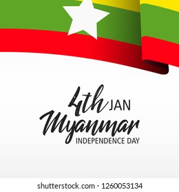 happy independence day of myanmar 4 january lettering background banner layout design with text and national flag in shape of brush stroke on a white background - Vector
