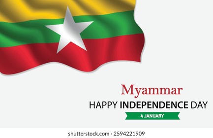 Happy Independence Day Myanmar. January 4th. Celebrating Myanmar Freedom, National Pride, and Heritage. Waving Myanmar flag and lettering text design. Vector illustration.