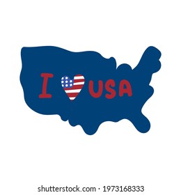 Happy Independence Day National Holiday on July 4. Map of America with the inscription I love the USA. A postcard drawn in the Doodle style. Vector illustration