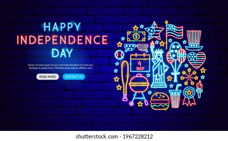 Happy Independence Day Neon Banner Design. Vector Illustration of USA Promotion.