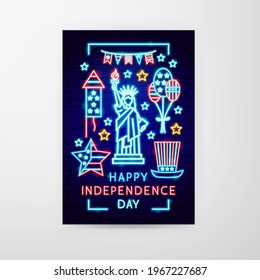 Happy Independence Day Neon Flyer. Vector Illustration of USA Promotion.