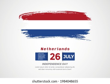 Happy Independence Day of Netherlands. Abstract country flag on hand drawn brush stroke vector patriotic background.