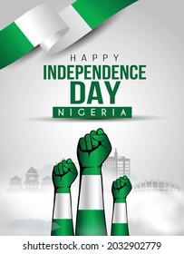 happy independence day Nigeria greetings. holding hand with flag. vector illustration design