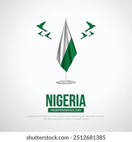 Feliz Día de la Independencia Nigeria Publicación en medios sociales y Plantilla de volantes. 1 de octubre - Tarjeta de felicitación de la celebración del Día de la Independencia de Nigeria con texto y Ilustración vectorial de la bandera de Nigeria.